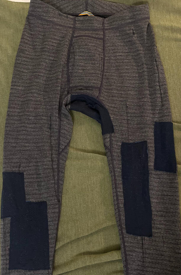 Long underwear patched with scrap merino